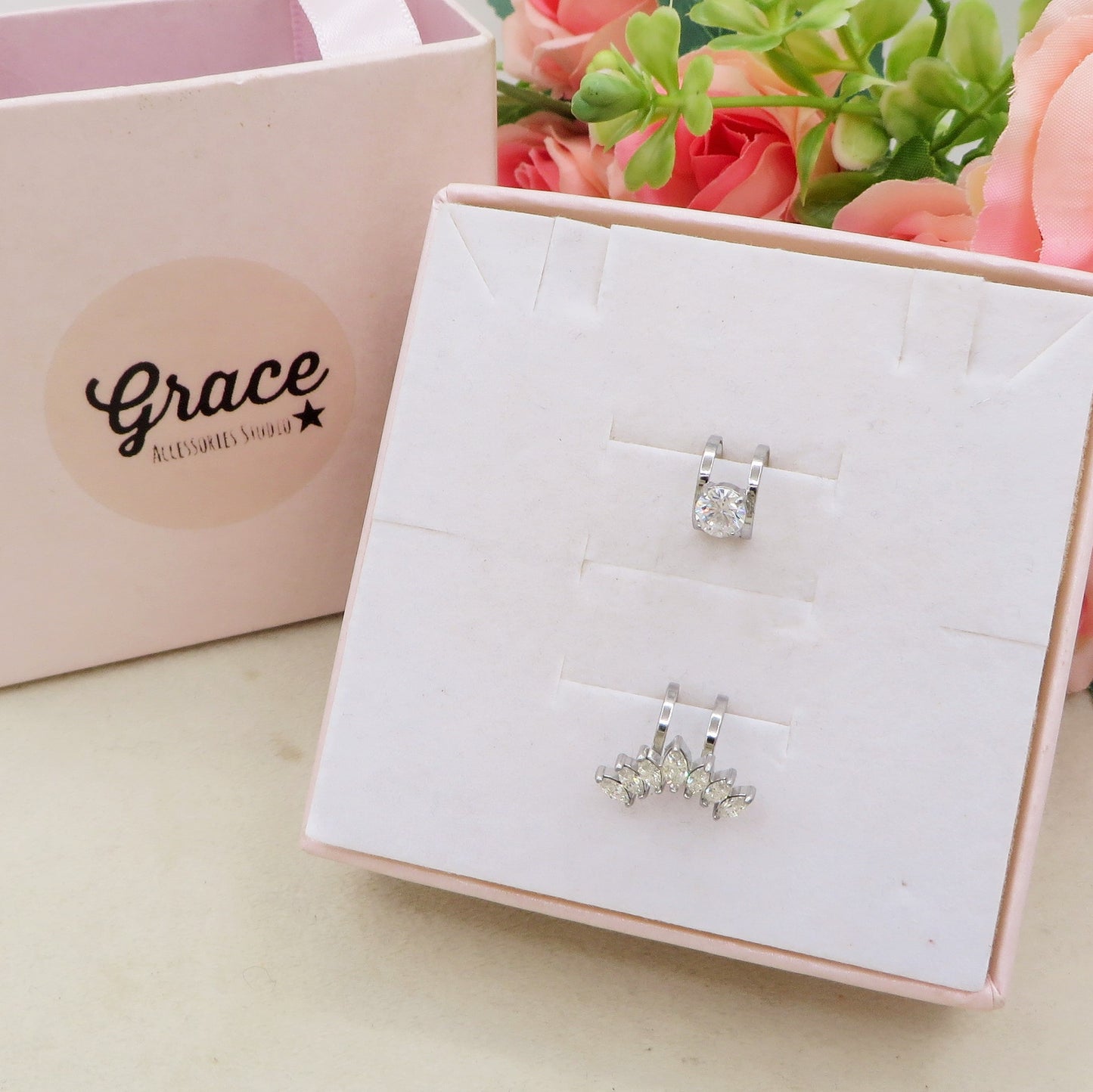 MARQUISE SET 2 EARCUFF ~ ACCIAIO Inossidabile set 2 orecchini SENZA FORI con cubic zirconia