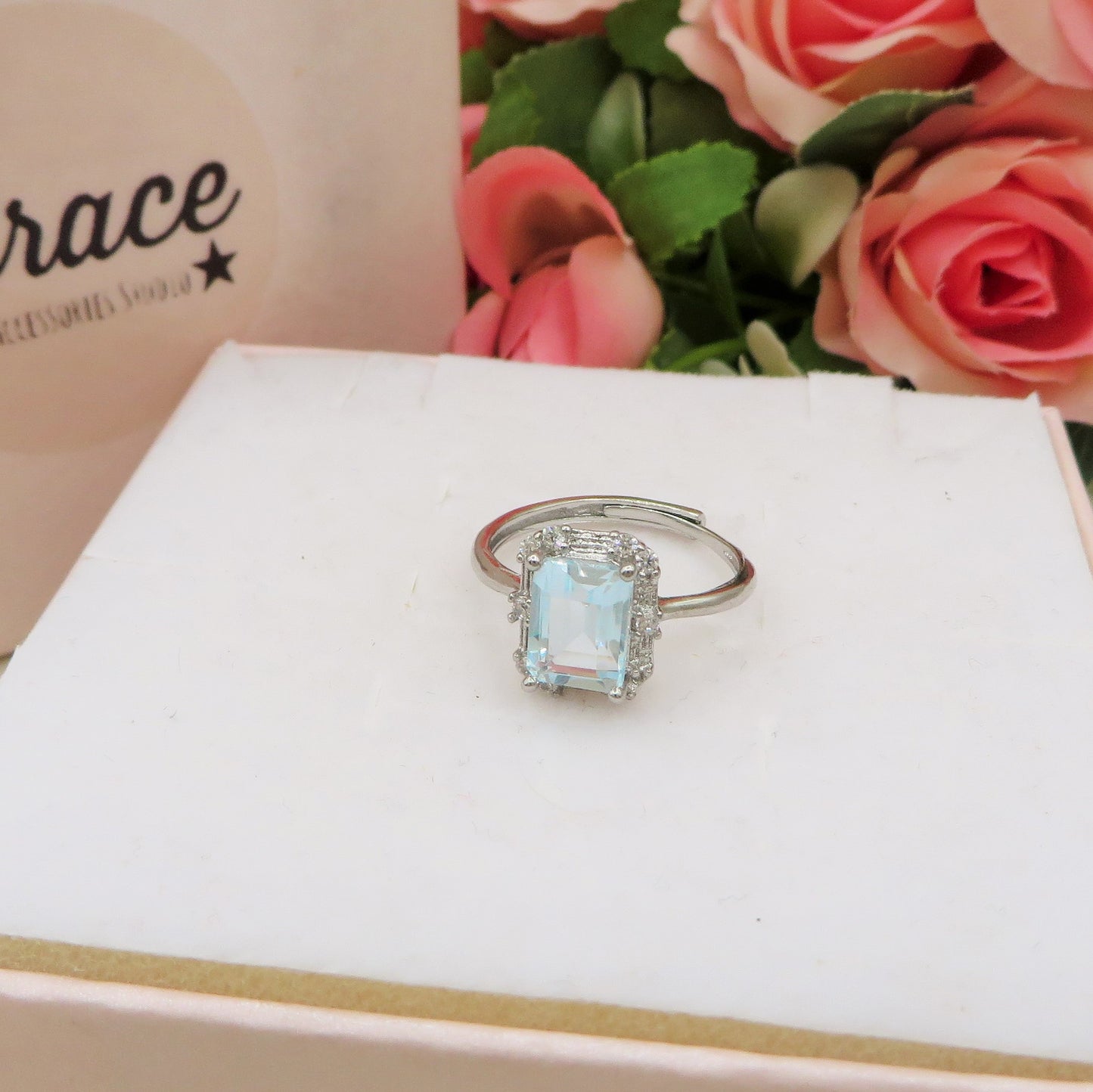 NILAH  SHINE ~ Anello regolabile in ACQUAMARINA naturale taglio smeraldo