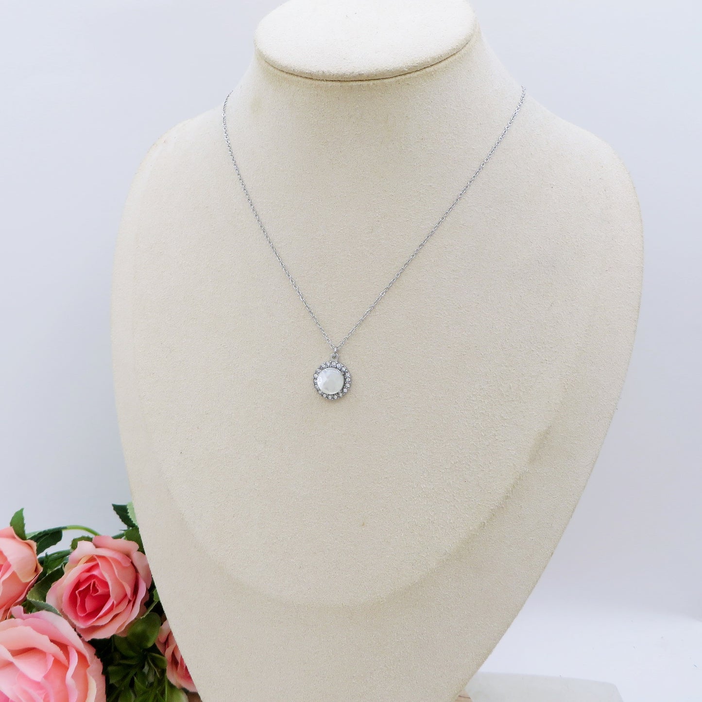 ELARA ~ ARGENTO 925 ~ Collana con solitario in madreperla naturale opale + cubic zirconia AAA