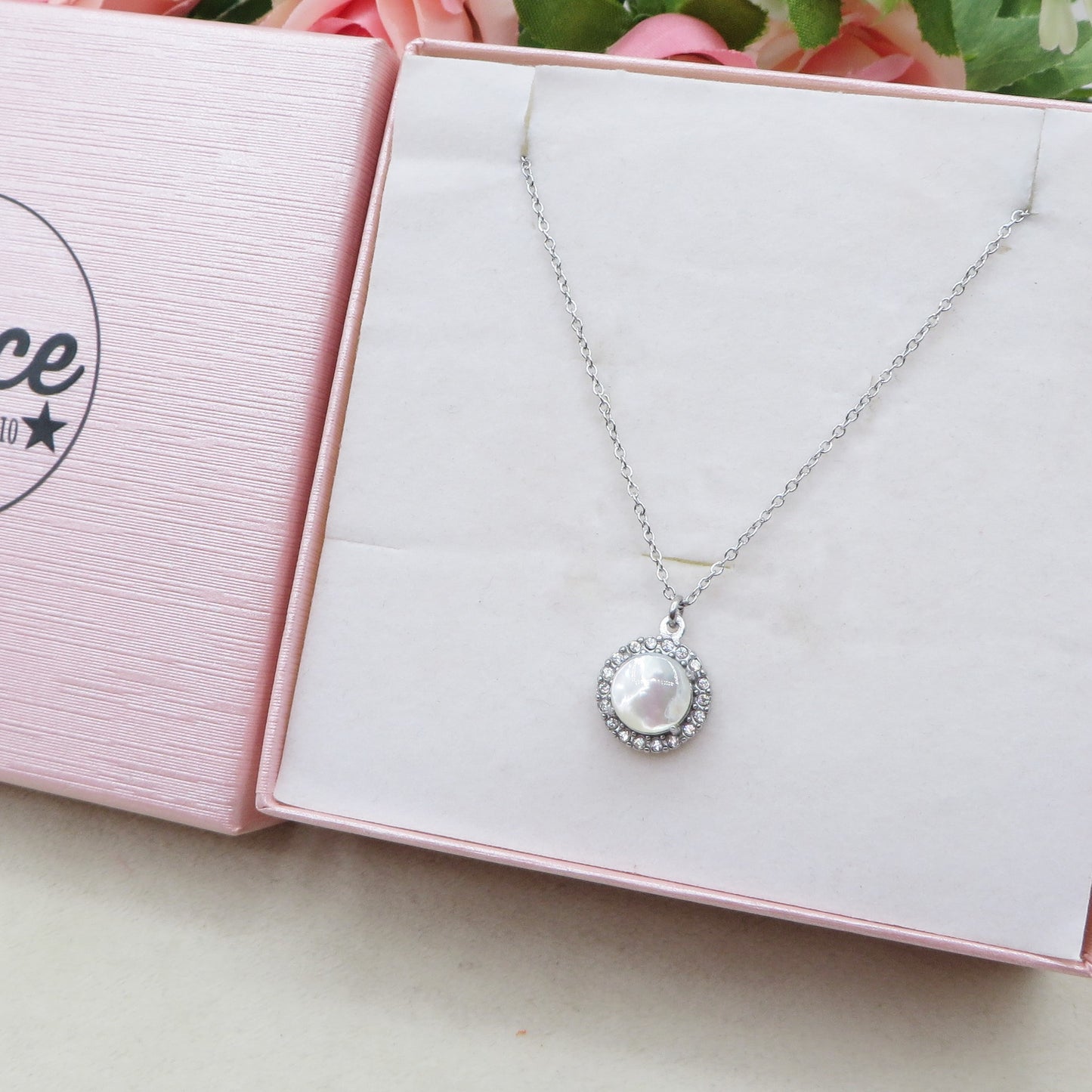 ELARA ~ ARGENTO 925 ~ Collana con solitario in madreperla naturale opale + cubic zirconia AAA