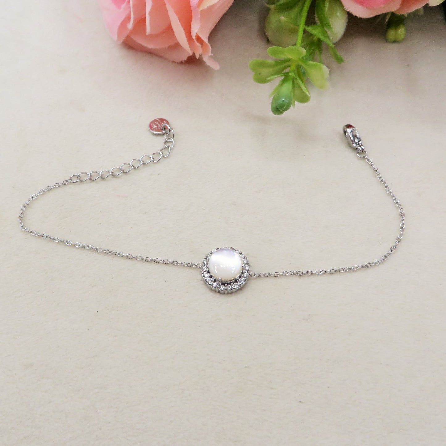 ELARA ~ ARGENTO 925 ~ Bracciale con solitario in madreperla naturale opale + cubic zirconia AAA