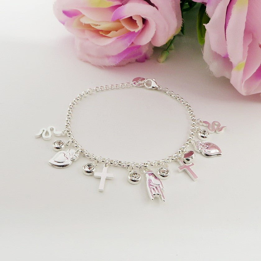 MEGA LUCKY bagnato ARGENTO ~ Bracciale in ACCIAIO INOSSIDABILE con charms scaramantici