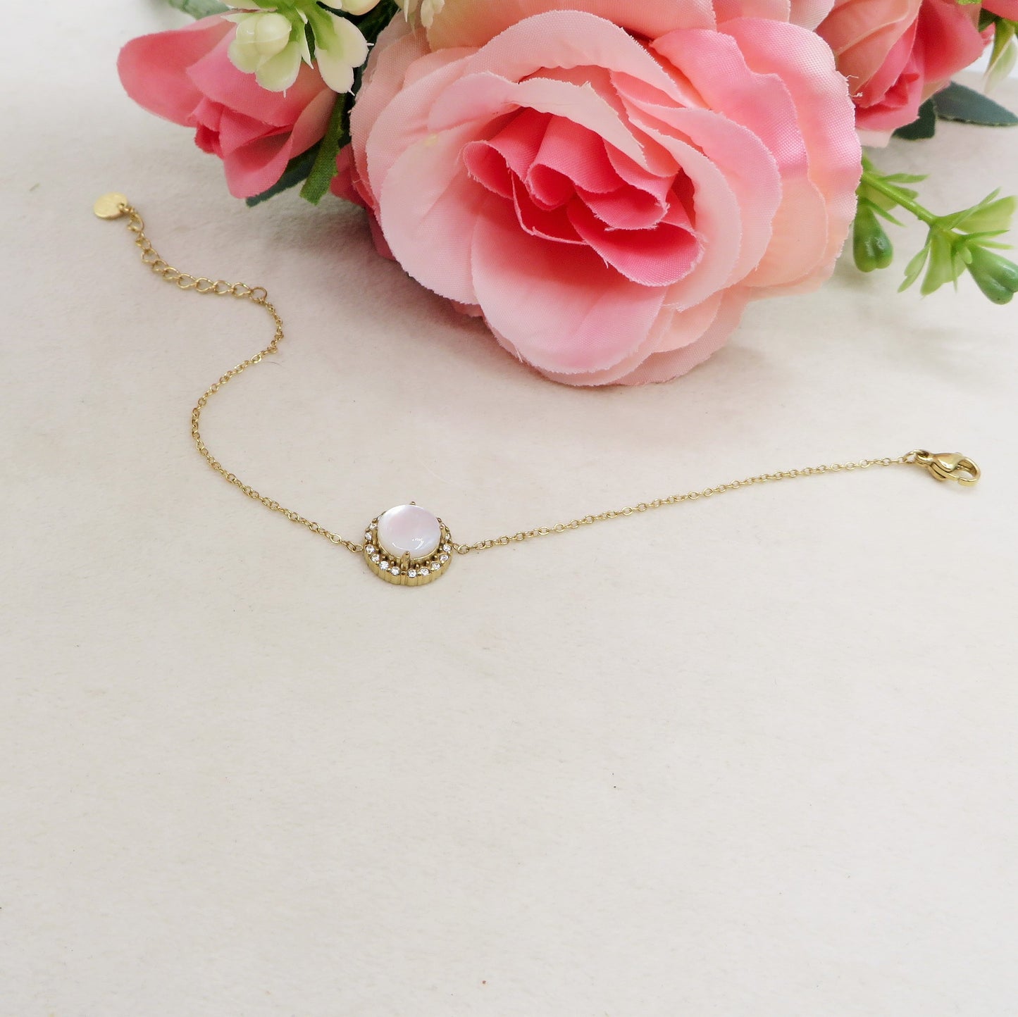 ELARA ~ ARGENTO 925 ~ Bracciale con solitario in madreperla naturale opale + cubic zirconia AAA