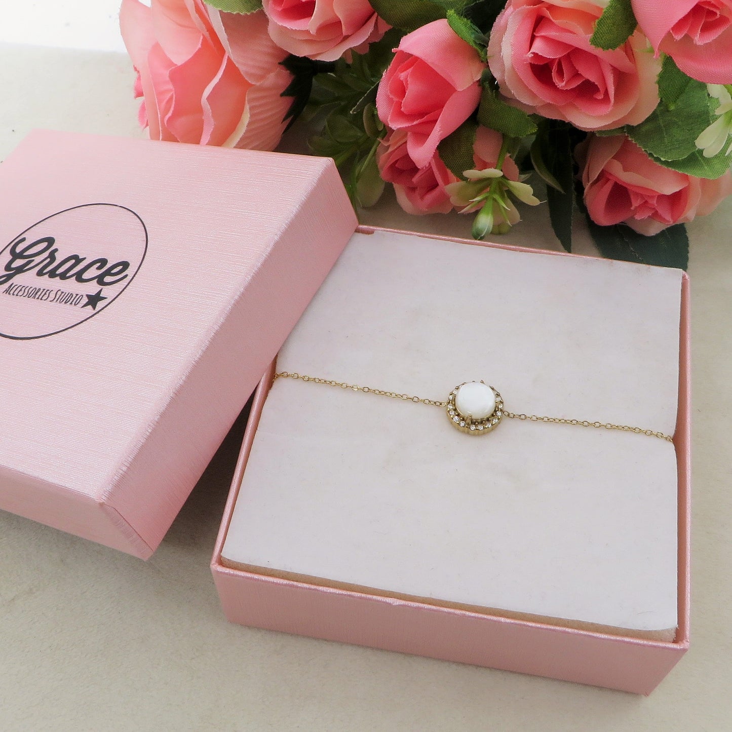 ELARA ~ ARGENTO 925 ~ Bracciale con solitario in madreperla naturale opale + cubic zirconia AAA