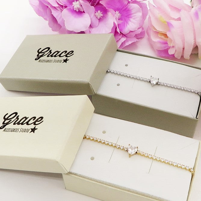 AURORA slim ~ ACCIAIO INOSSIDABILE - Bracciale tennis in cubic zirconia con cuore centrale