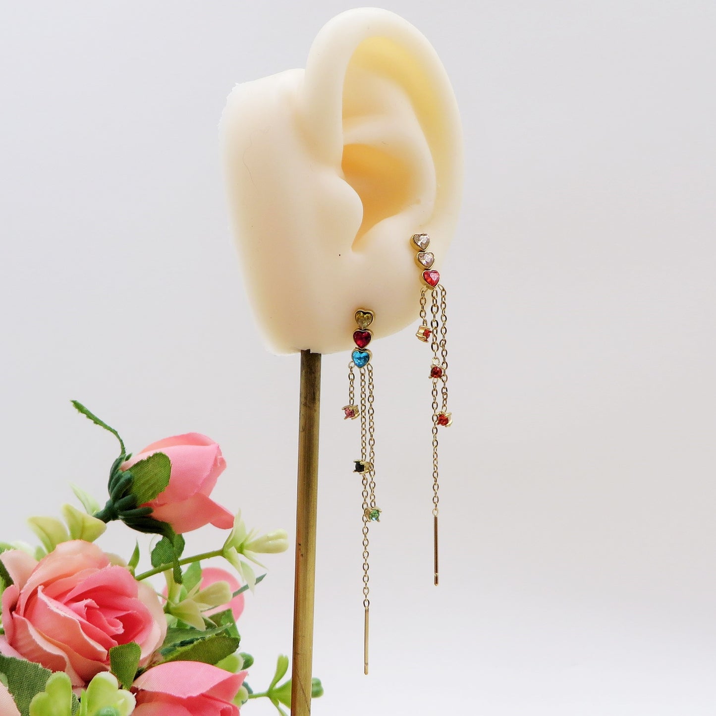 CELESTIAL ~ paio Orecchini ACCIAIO INOSSIDABILE pendenti zirconati stile saliscendi con cuoricini