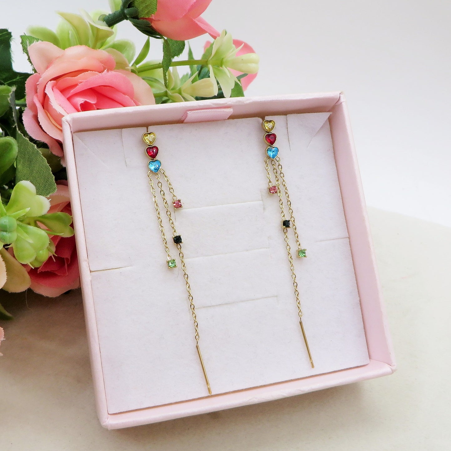 CELESTIAL ~ paio Orecchini ACCIAIO INOSSIDABILE pendenti zirconati stile saliscendi con cuoricini