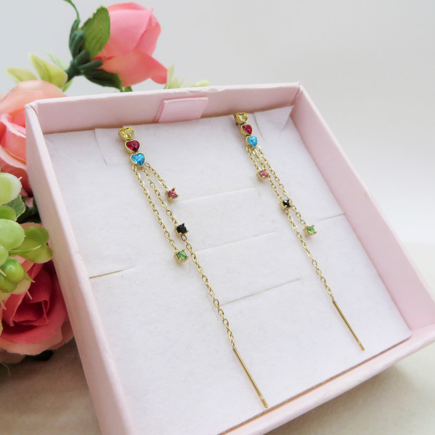 CELESTIAL ~ paio Orecchini ACCIAIO INOSSIDABILE pendenti zirconati stile saliscendi con cuoricini