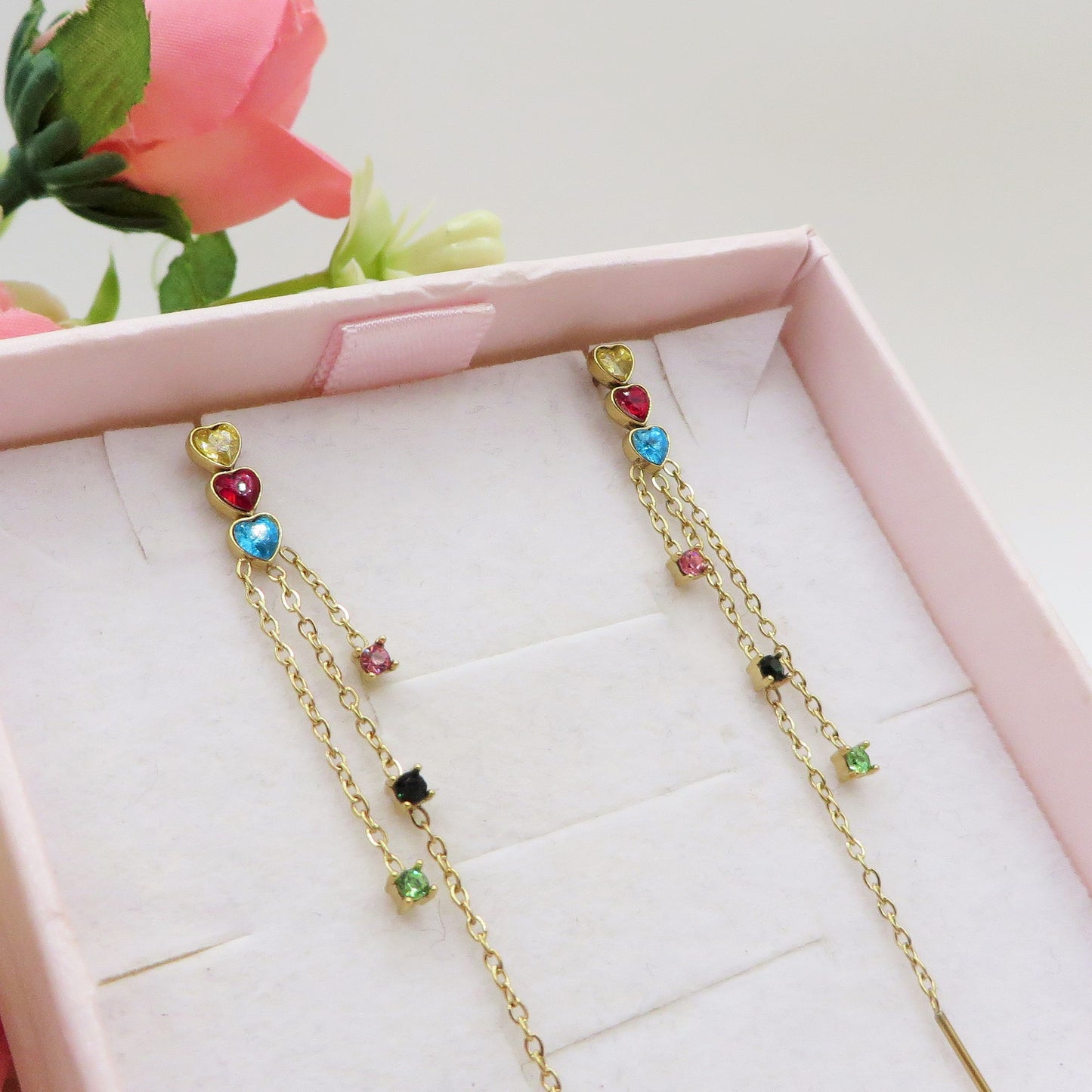 CELESTIAL ~ paio Orecchini ACCIAIO INOSSIDABILE pendenti zirconati stile saliscendi con cuoricini
