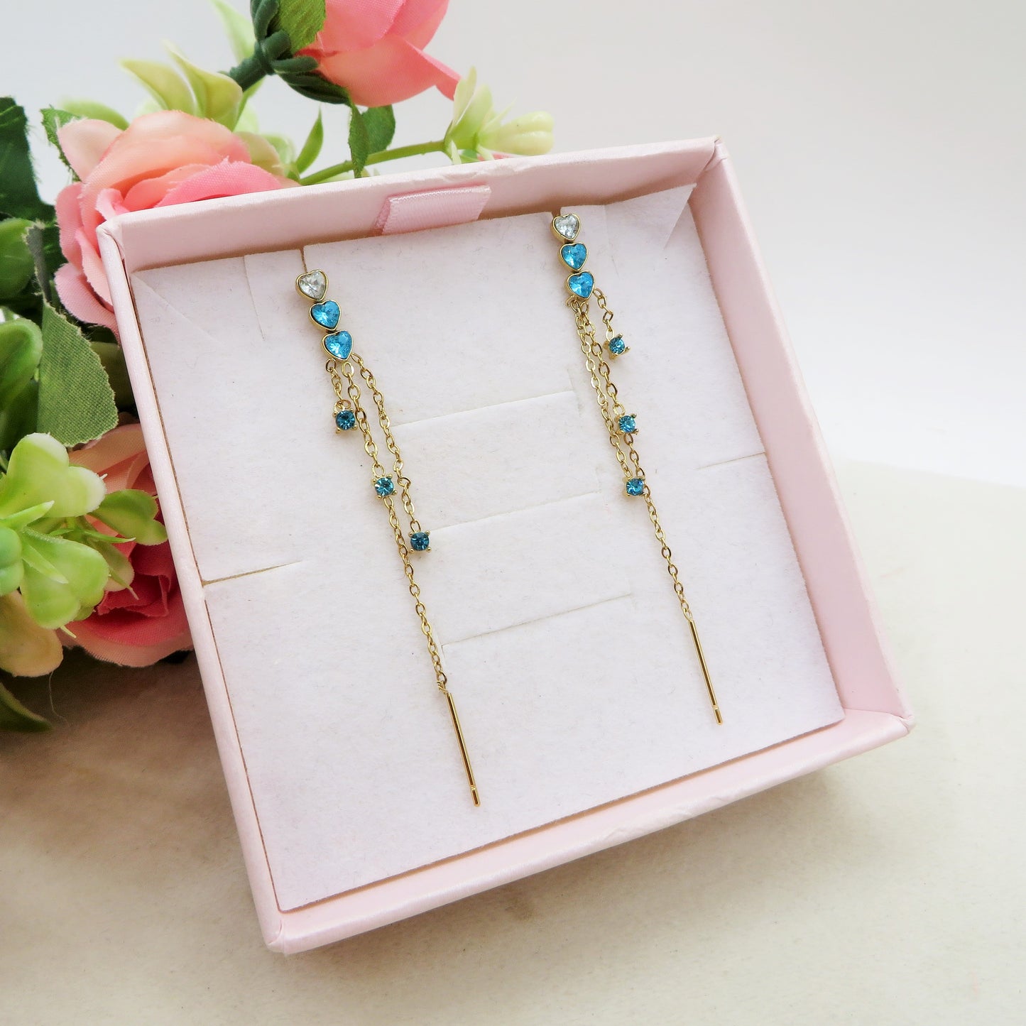CELESTIAL ~ paio Orecchini ACCIAIO INOSSIDABILE pendenti zirconati stile saliscendi con cuoricini
