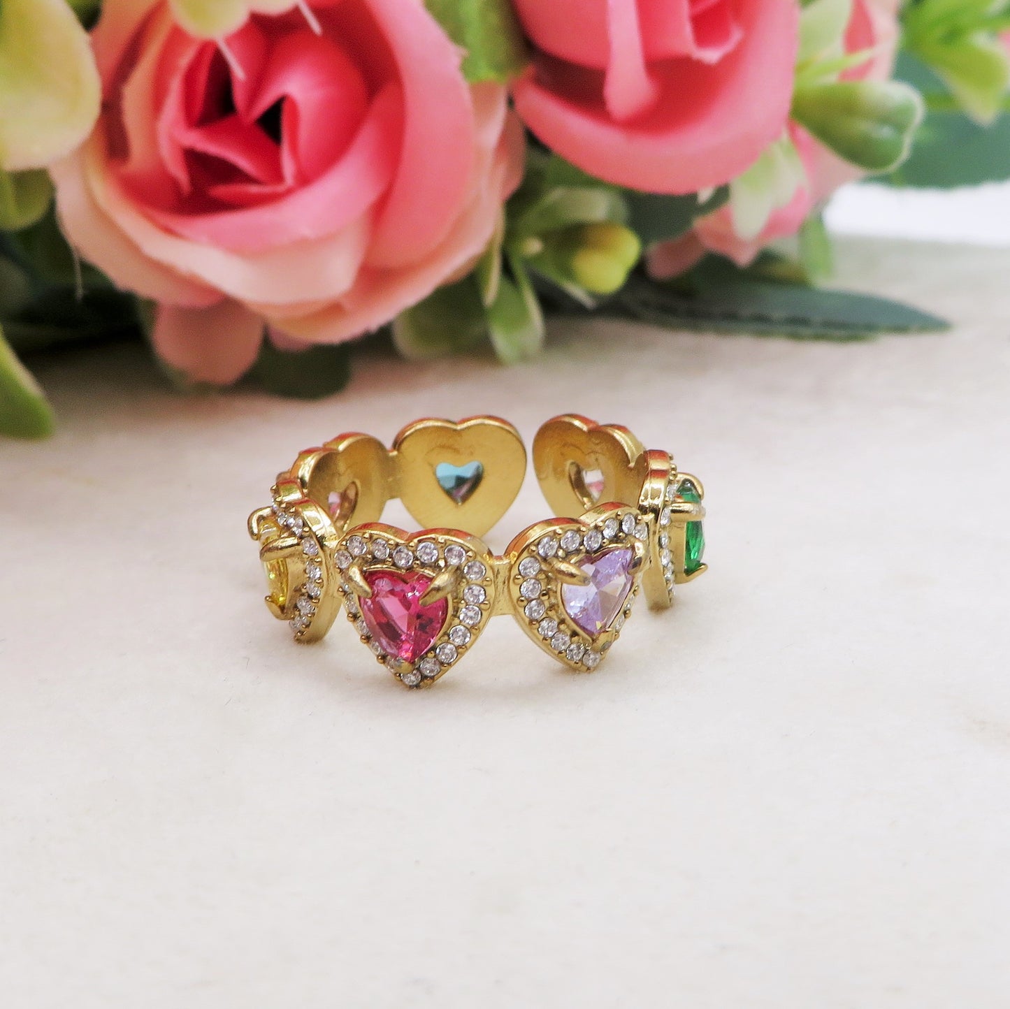 AYLA FEDE Zirconata CUORI ~ Anello regolabile in ACCIAIO INOSSIDABILE con cubic zirconia a forma di cuore