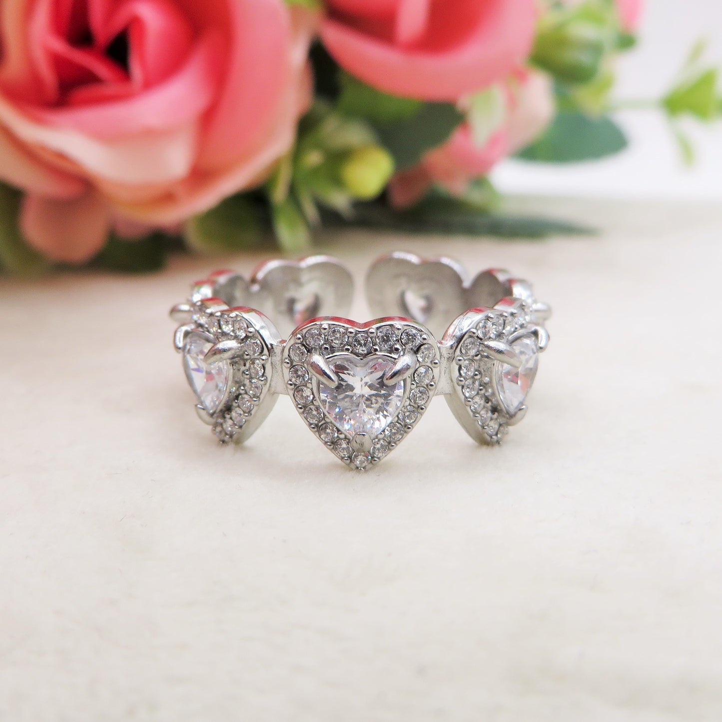 AYLA FEDE Zirconata CUORI ~ Anello regolabile in ACCIAIO INOSSIDABILE con cubic zirconia a forma di cuore