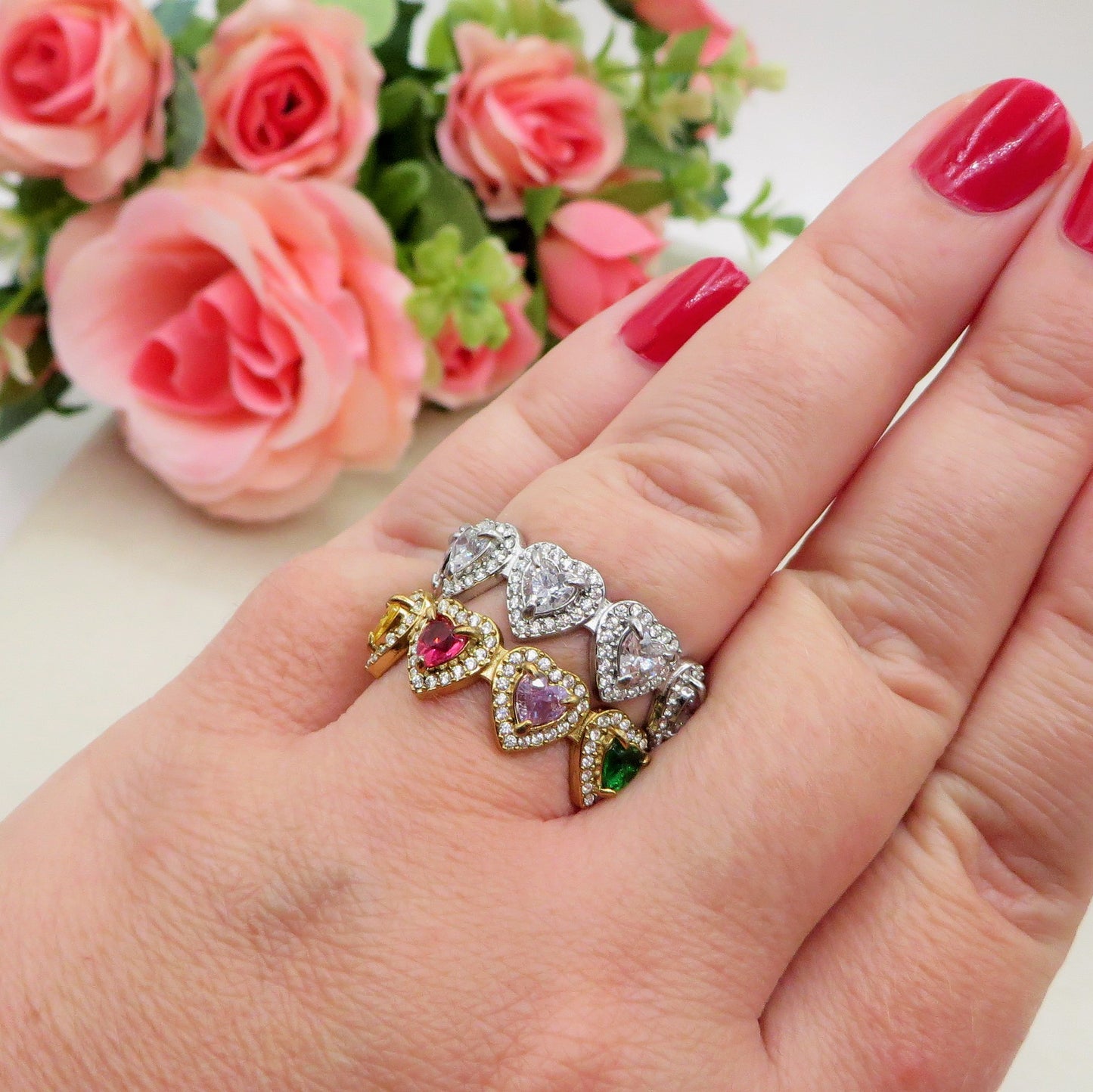AYLA FEDE Zirconata CUORI ~ Anello regolabile in ACCIAIO INOSSIDABILE con cubic zirconia a forma di cuore