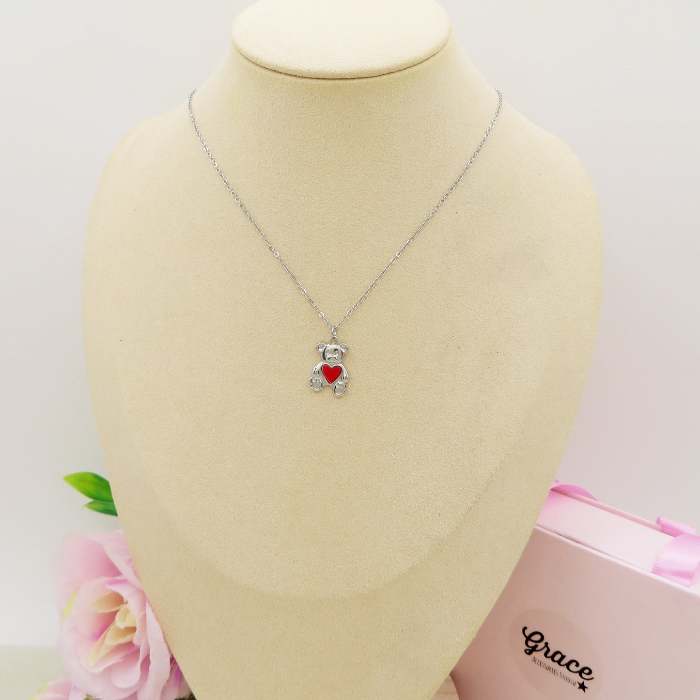 TEDDY HEART - ACCIAIO INOSSIDABILE- collana con Orsetto + cuore smaltato