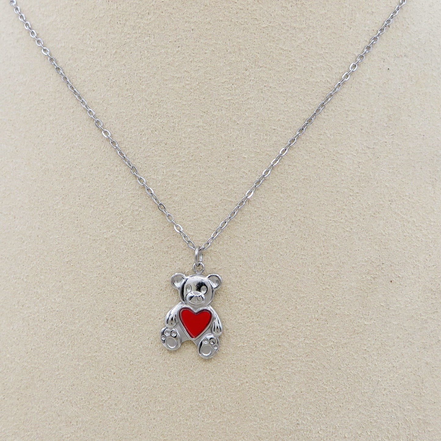 TEDDY HEART - ACCIAIO INOSSIDABILE- collana con Orsetto + cuore smaltato