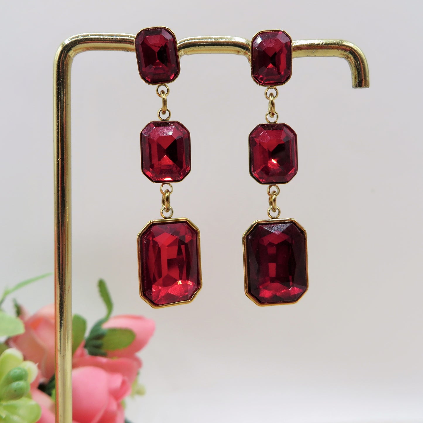 MARGOT DOUBLE SQUARE ~ ACCIAIO INOSSIDABILE ~ Orecchini pendenti con pietre sfaccettate