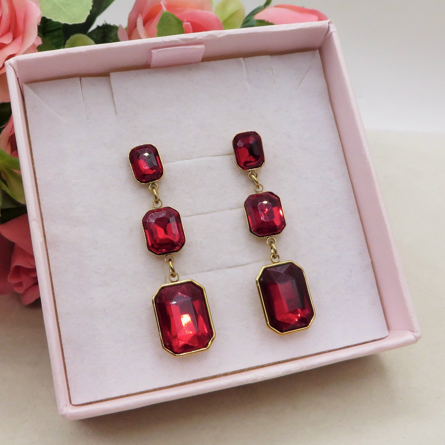 MARGOT DOUBLE SQUARE ~ ACCIAIO INOSSIDABILE ~ Orecchini pendenti con pietre sfaccettate