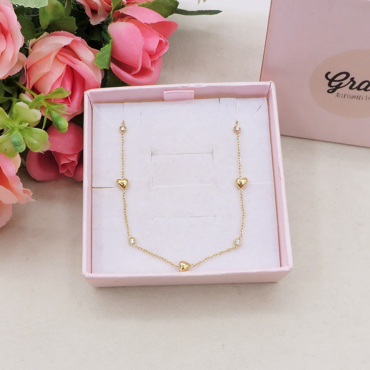 LOVELY ~ ARGENTO 925 ~ Collana con cuoricini bombè + cubic zirconia AAA