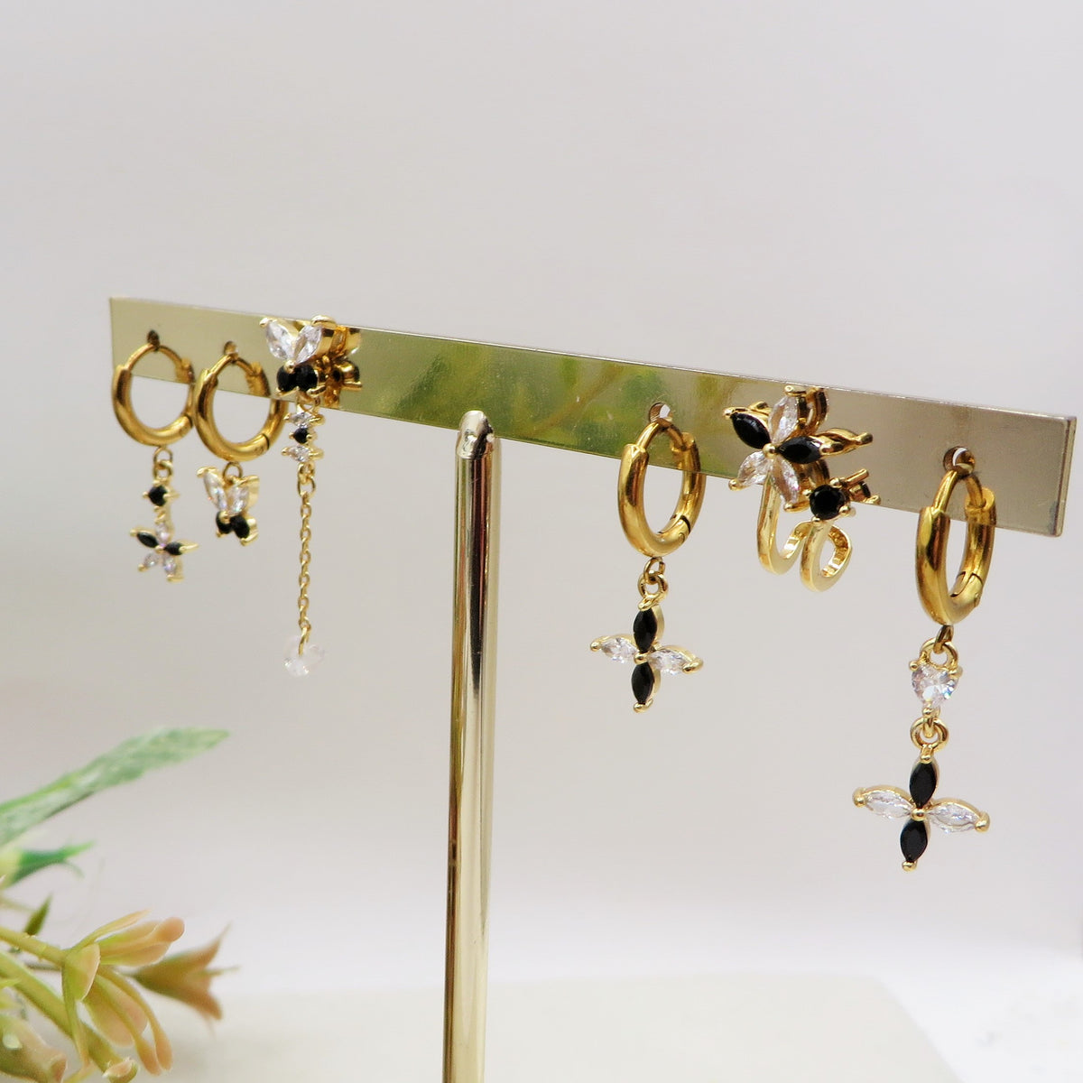 BUTTERFLY Set 6 orecchini BLACK - ACCIAIO INOSSIDABILE - 6 Orecchini pendenti con cubic zirconia
