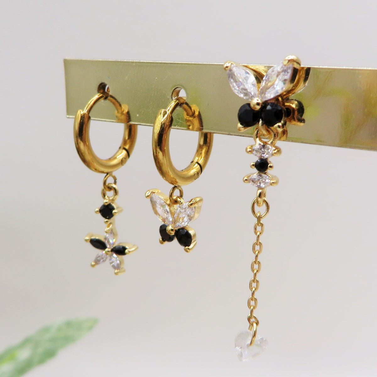 BUTTERFLY Set 6 orecchini BLACK - ACCIAIO INOSSIDABILE - 6 Orecchini pendenti con cubic zirconia