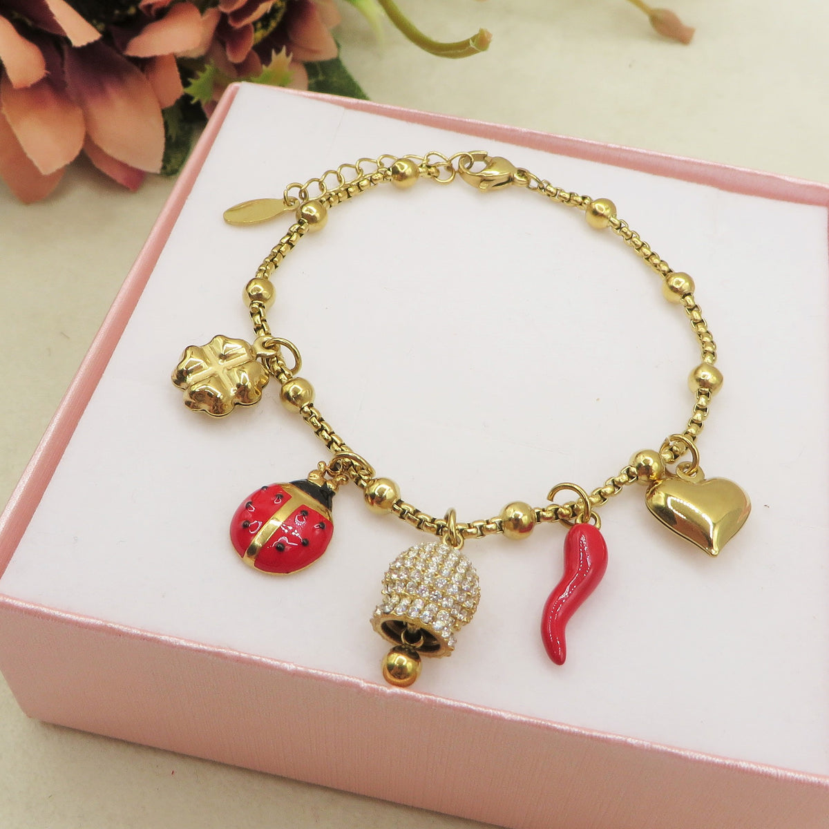 TINKERBELL SHINE LUCKY - Bracciale con campanella zirconata, corno, cuùuore bombè con sonagli, coccinella, quadrifoglio  IN ACCIAIO INOSSIDABILE + cubic zirconia