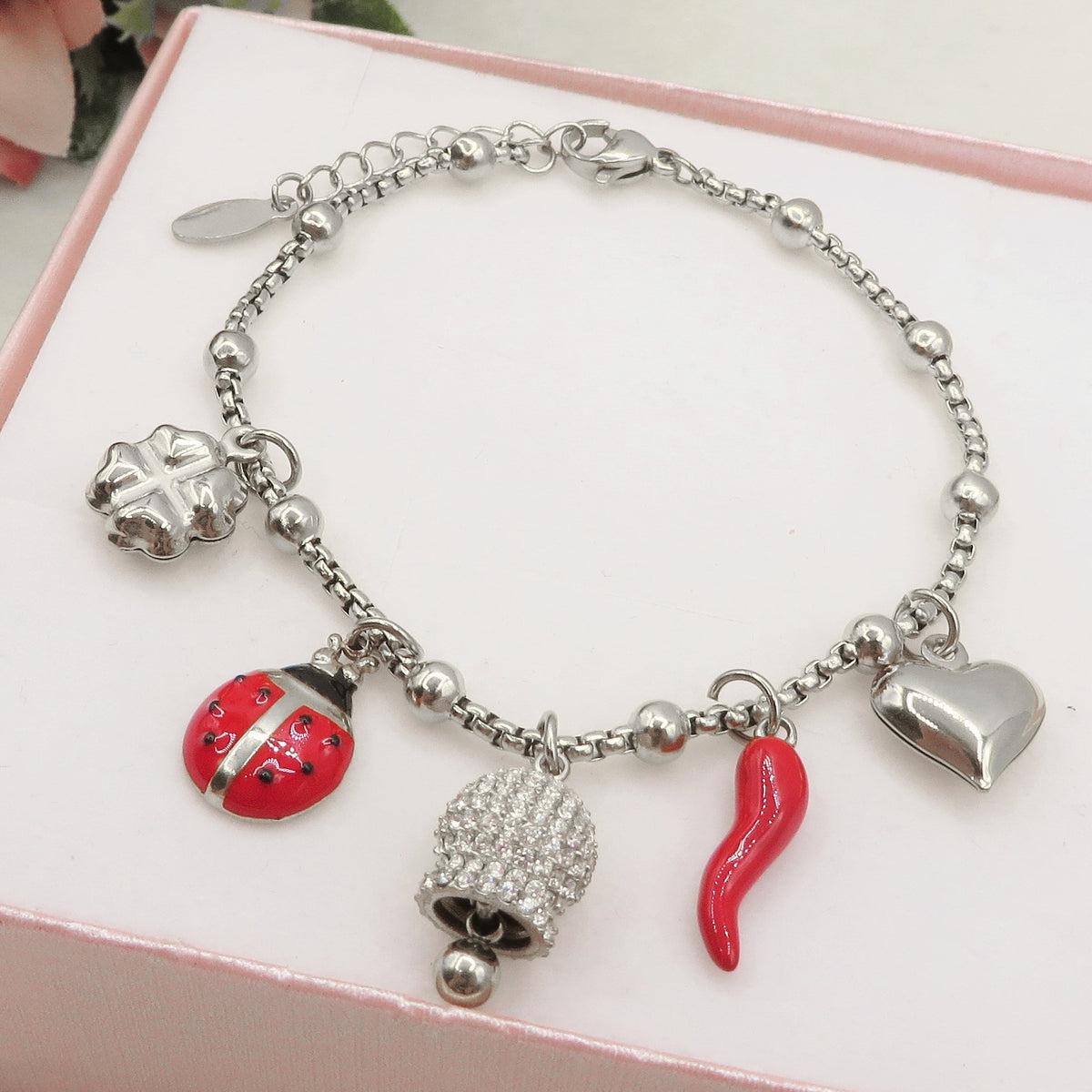 TINKERBELL SHINE LUCKY - Bracciale con campanella zirconata, corno, cuùuore bombè con sonagli, coccinella, quadrifoglio  IN ACCIAIO INOSSIDABILE + cubic zirconia