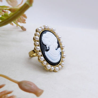 VERSAILLES LUXE - Anello con cammeo, perle e Cubic Zirconia in ACCIAIO INOSSIDABILE 316L
