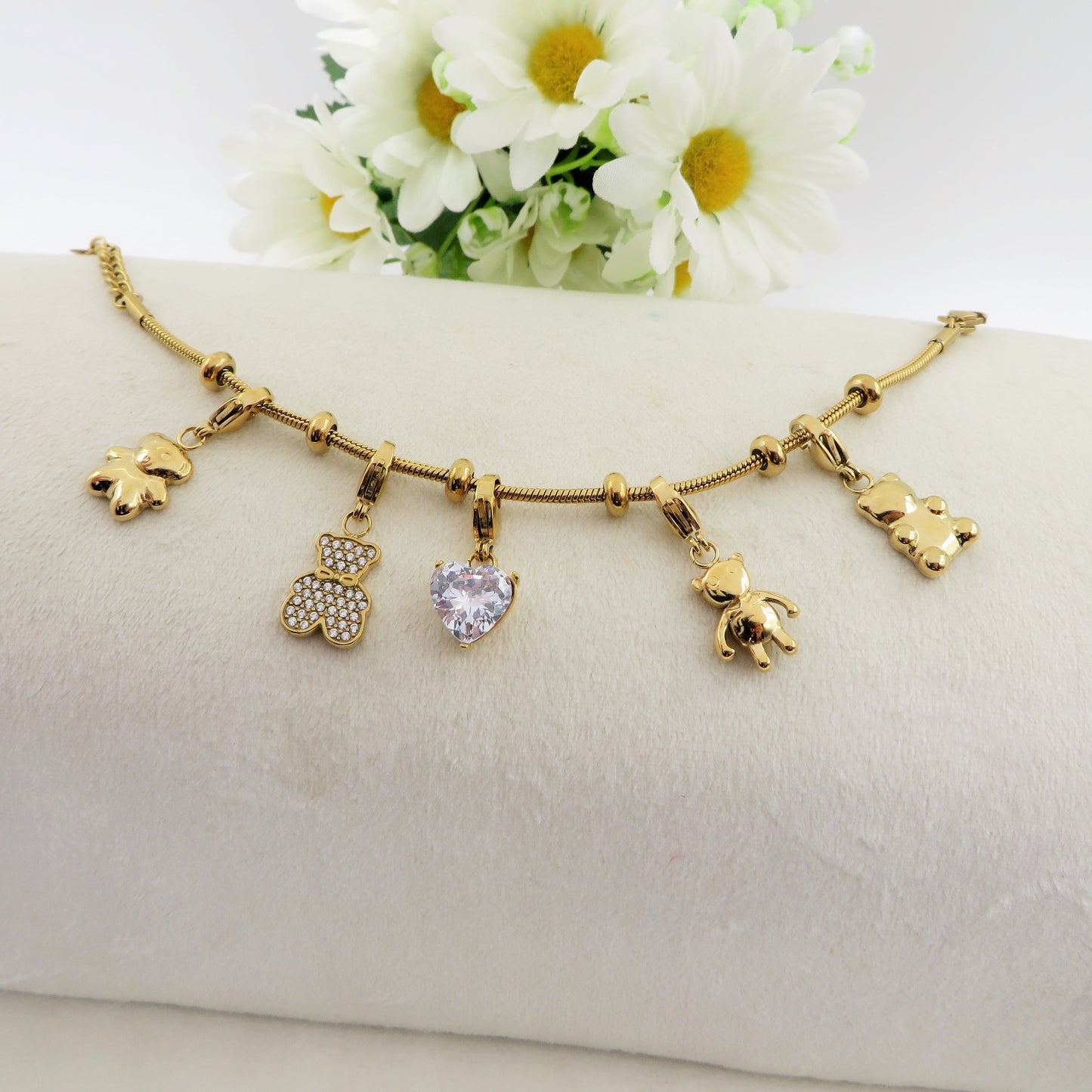 TEDDY - Bracciale con orsetti e cuori pendenti bombe' ACCIAIO INOSSIDABILE