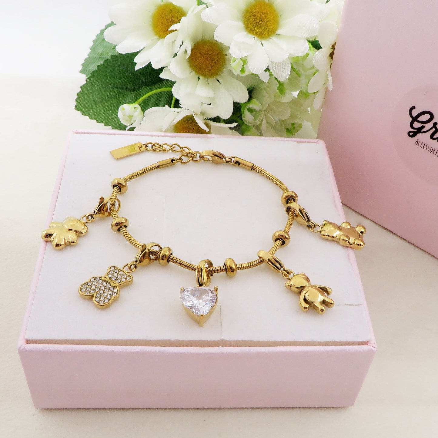 TEDDY - Bracciale con orsetti e cuori pendenti bombe' ACCIAIO INOSSIDABILE