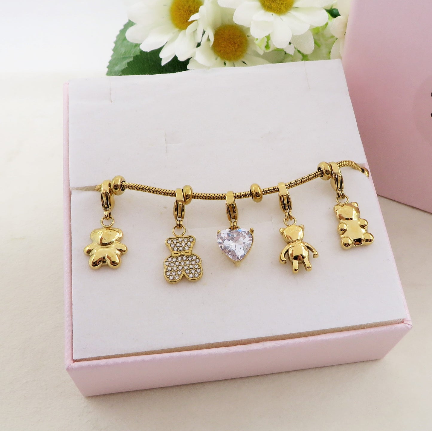 TEDDY - Bracciale con orsetti e cuori pendenti bombe' ACCIAIO INOSSIDABILE