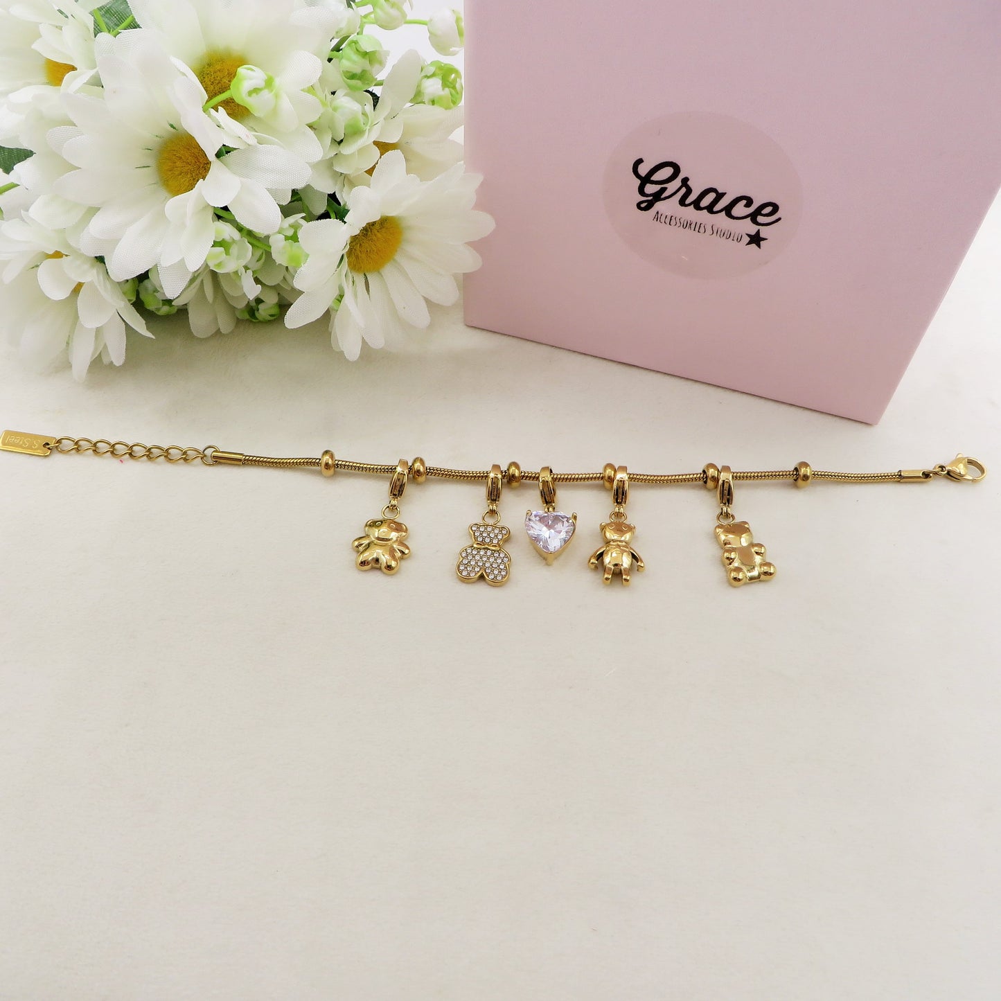 TEDDY - Bracciale con orsetti e cuori pendenti bombe' ACCIAIO INOSSIDABILE
