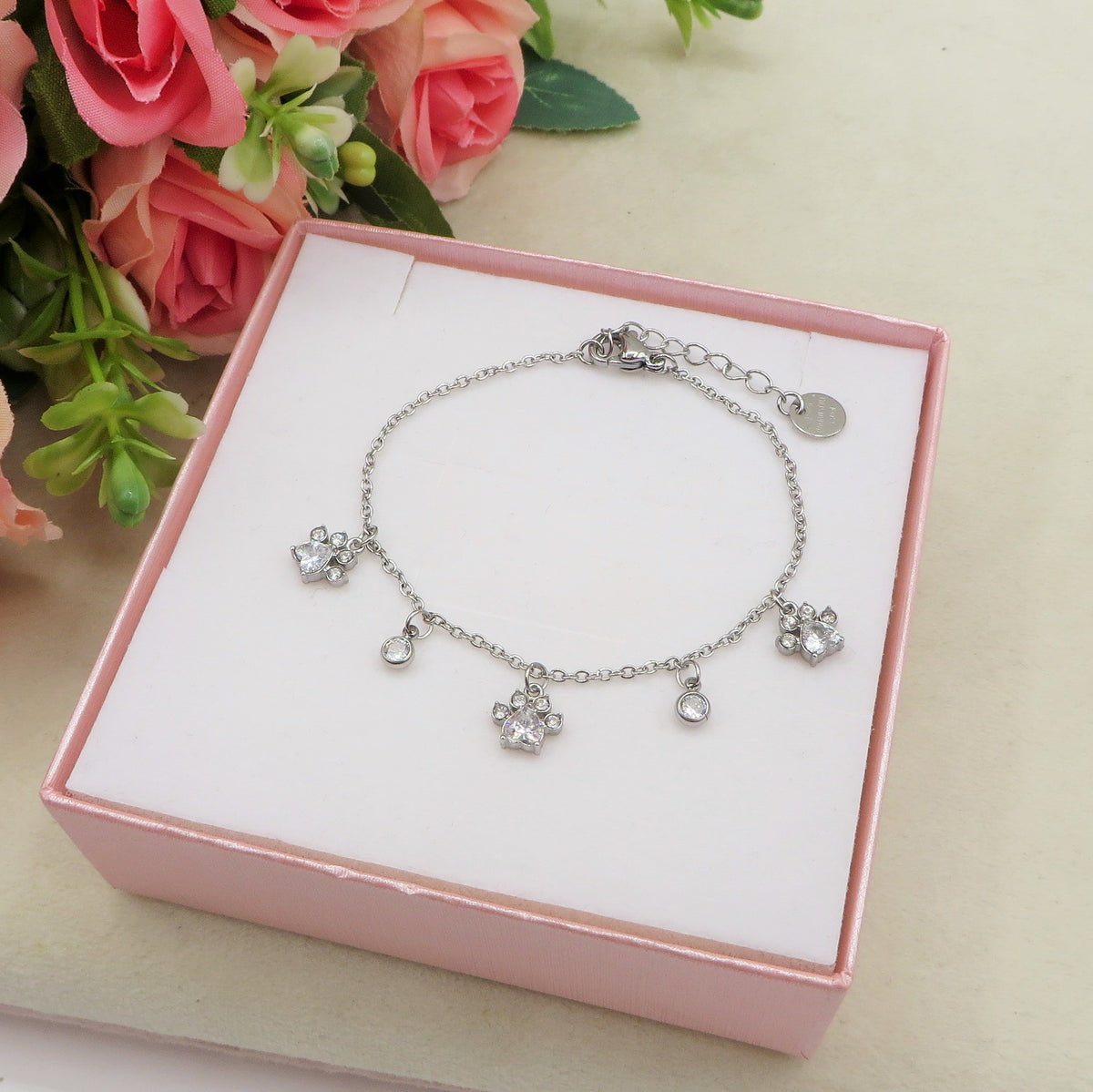NORI - ACCIAIO INOSSIDABILE - Bracciale con pendenti ZAMPA - ZAMPE + PUNTI LUCE in cubic zirconia