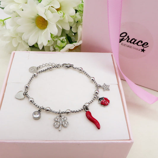 LUCKY LADYBUG - Bracciale con ciondoli scaramantici e coccinella ACCIAIO INOSSIDABILE