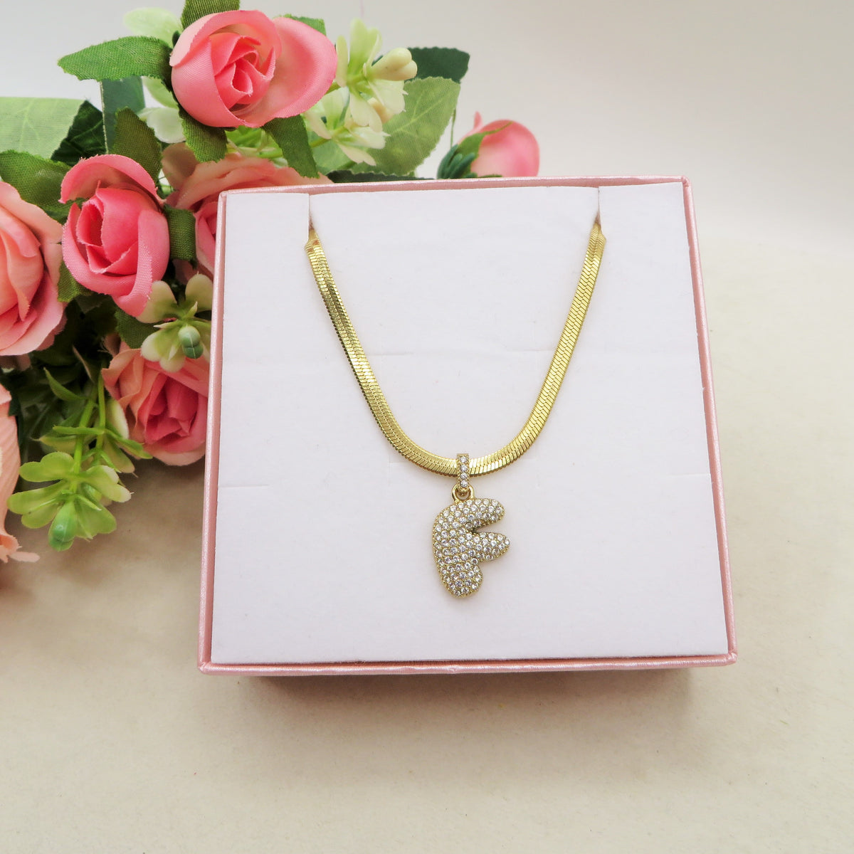 BUBBLE SNAKE INITIAL ACCIAIO INOSSIDABILE ~ Collana iniziale bombata zirconata bubble + collanina snake