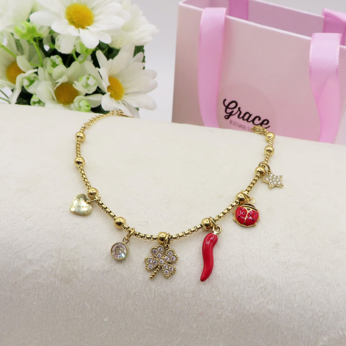 LUCKY LADYBUG - Bracciale con ciondoli scaramantici e coccinella ACCIAIO INOSSIDABILE