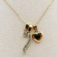 LUCKY CRYSTAL CHARMS ~ ACCIAIO INOSSIDABILE - Collana con ciondoli, cornetto zirconato, solitario e cuore bombè + incisione personalizzata