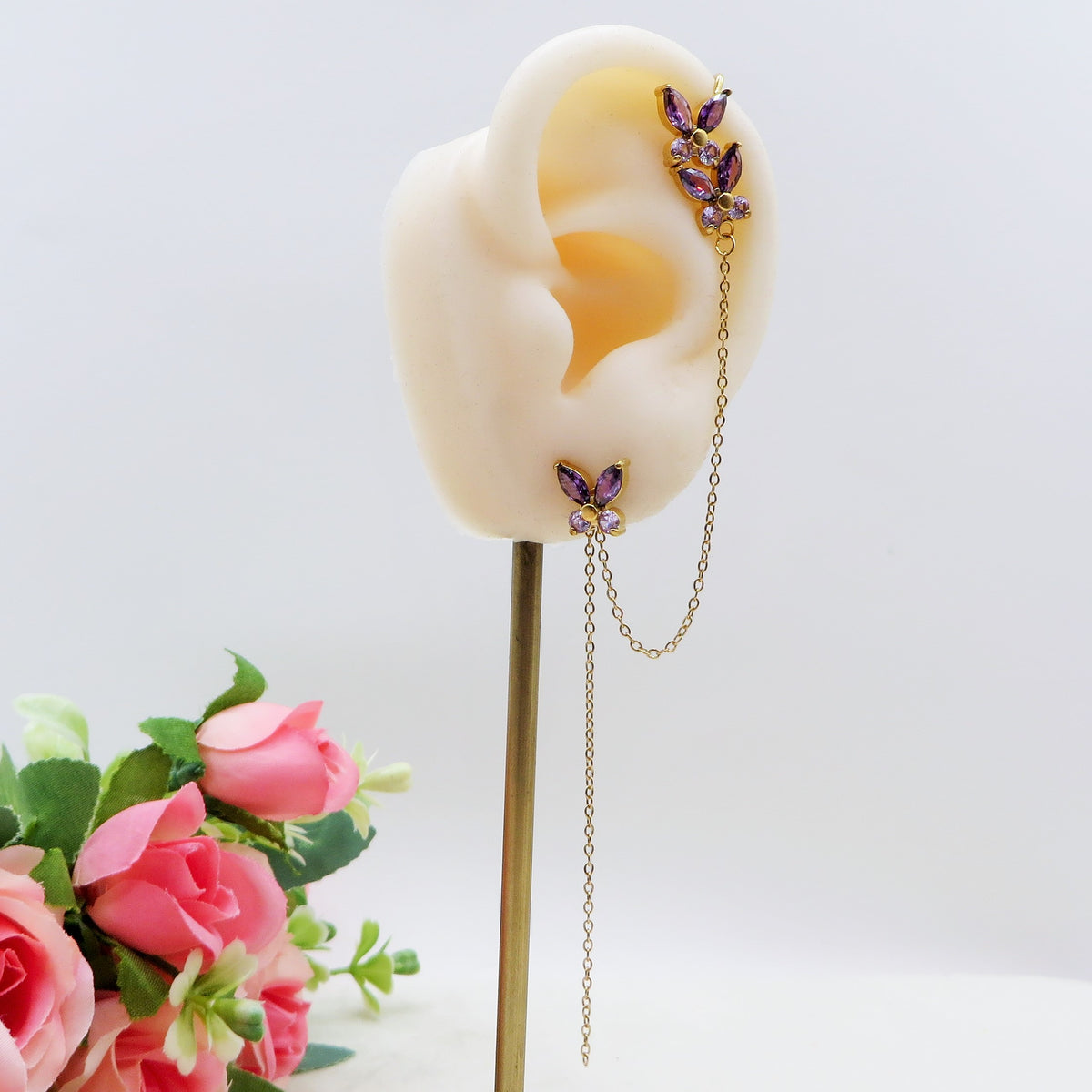 ATHALIA doppio EARCUFF ~ Orecchino ACCIAIO INOSSIDABILE a lobo + earcuff con farfalle cubic zirconia