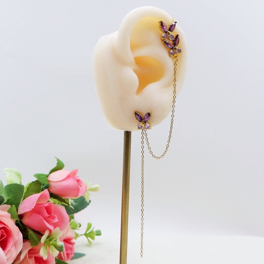 ATHALIA doppio EARCUFF ~ Orecchino ACCIAIO INOSSIDABILE a lobo + earcuff con farfalle cubic zirconia