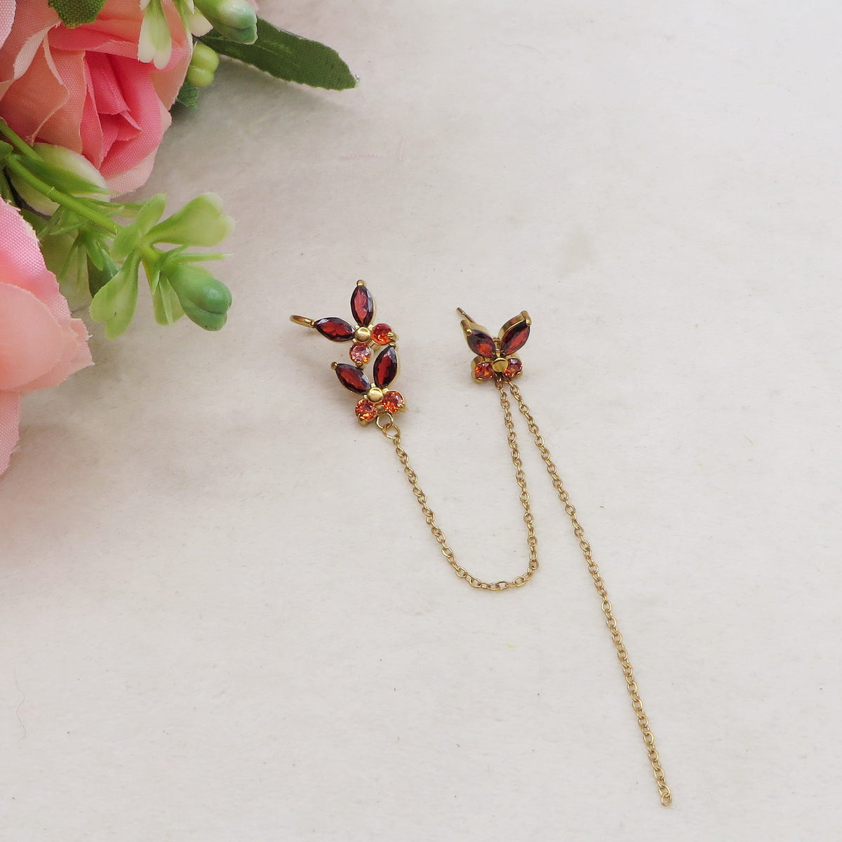 ATHALIA doppio EARCUFF ~ Orecchino ACCIAIO INOSSIDABILE a lobo + earcuff con farfalle cubic zirconia