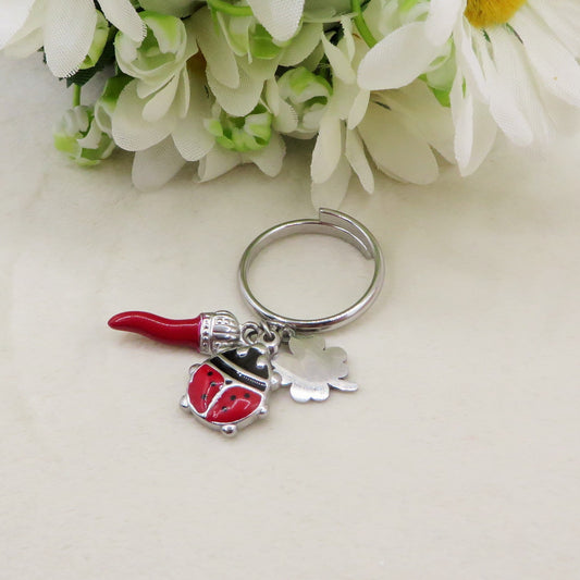 LADYBUG ~ Anello charms cornetto + coccinella e quadrifoglio ACCIAIO INOSSIDABILE