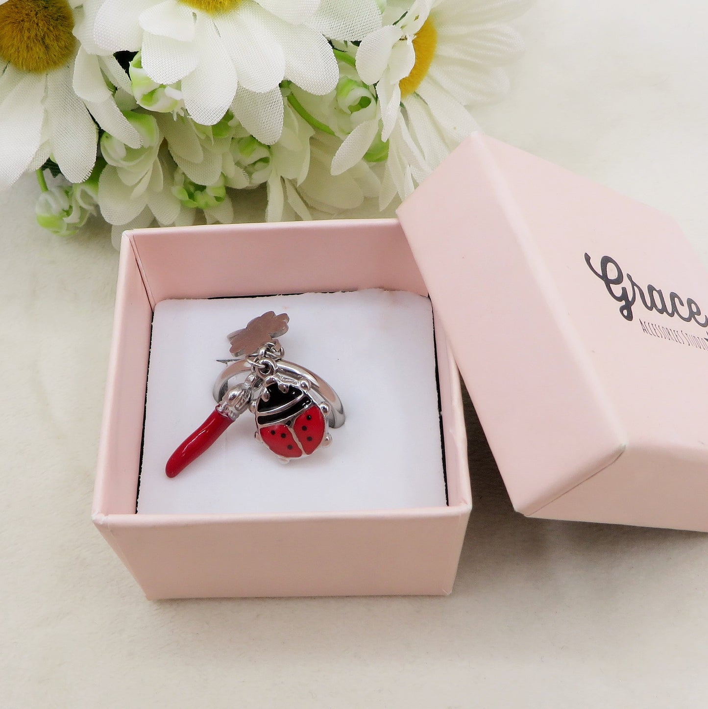 LADYBUG ~ Anello charms cornetto + coccinella e quadrifoglio ACCIAIO INOSSIDABILE