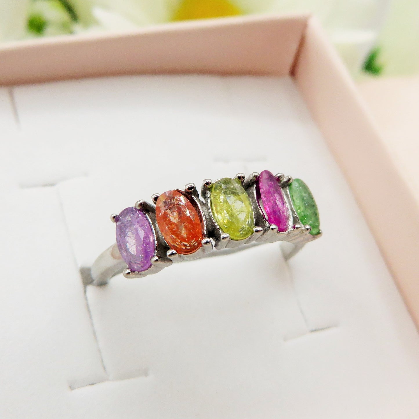 ESME ~ Anello regolabile in ACCIAIO INOSSIDABILE con CUBIC ZIRCONIA rainbow colours