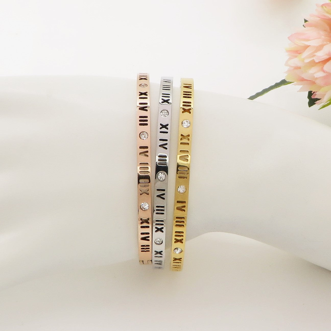 ROME ~ Acciaio Inossidabile - Bracciale rigido numeri romani con cubic zirconia