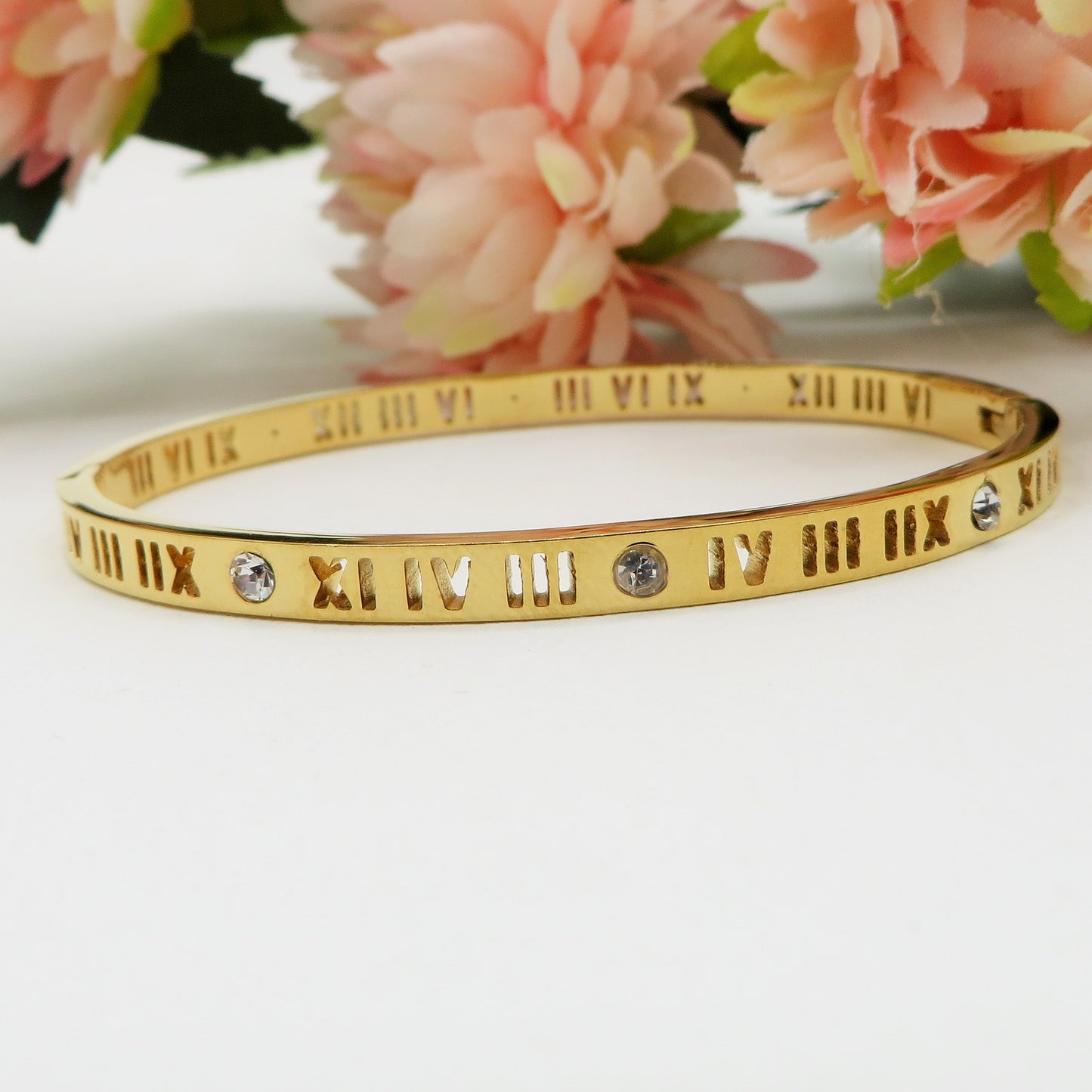 ROME ~ Acciaio Inossidabile - Bracciale rigido numeri romani con cubic zirconia