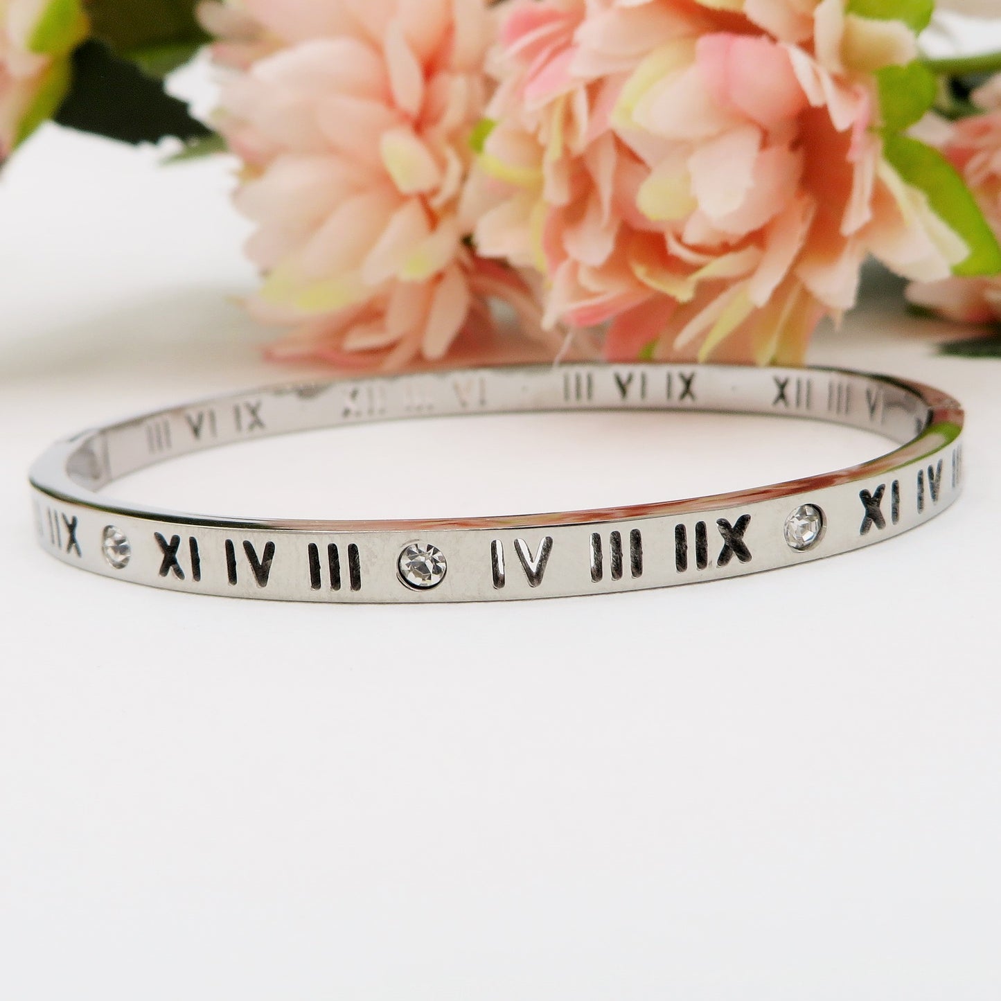 ROME ~ Acciaio Inossidabile - Bracciale rigido numeri romani con cubic zirconia
