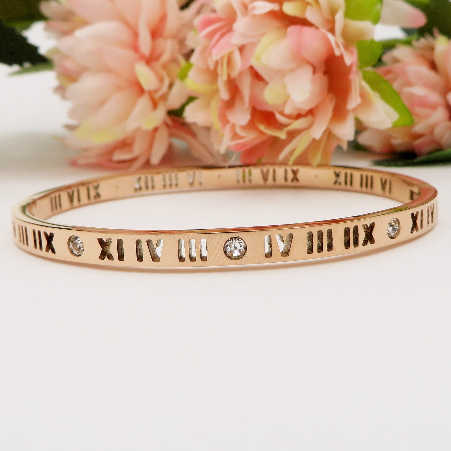 ROME ~ Acciaio Inossidabile - Bracciale rigido numeri romani con cubic zirconia
