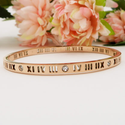 ROME ~ Acciaio Inossidabile - Bracciale rigido numeri romani con cubic zirconia