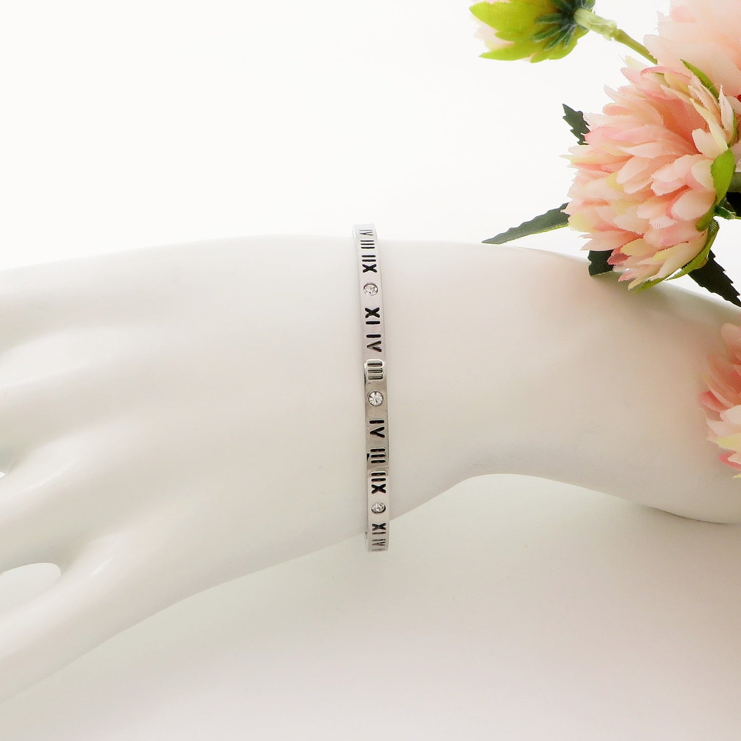 ROME ~ Acciaio Inossidabile - Bracciale rigido numeri romani con cubic zirconia