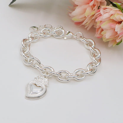 SACRED BIG HEART Bagnato Argento ~ ACCIAIO INOSSIDABILE Bracciale con pendente cuore