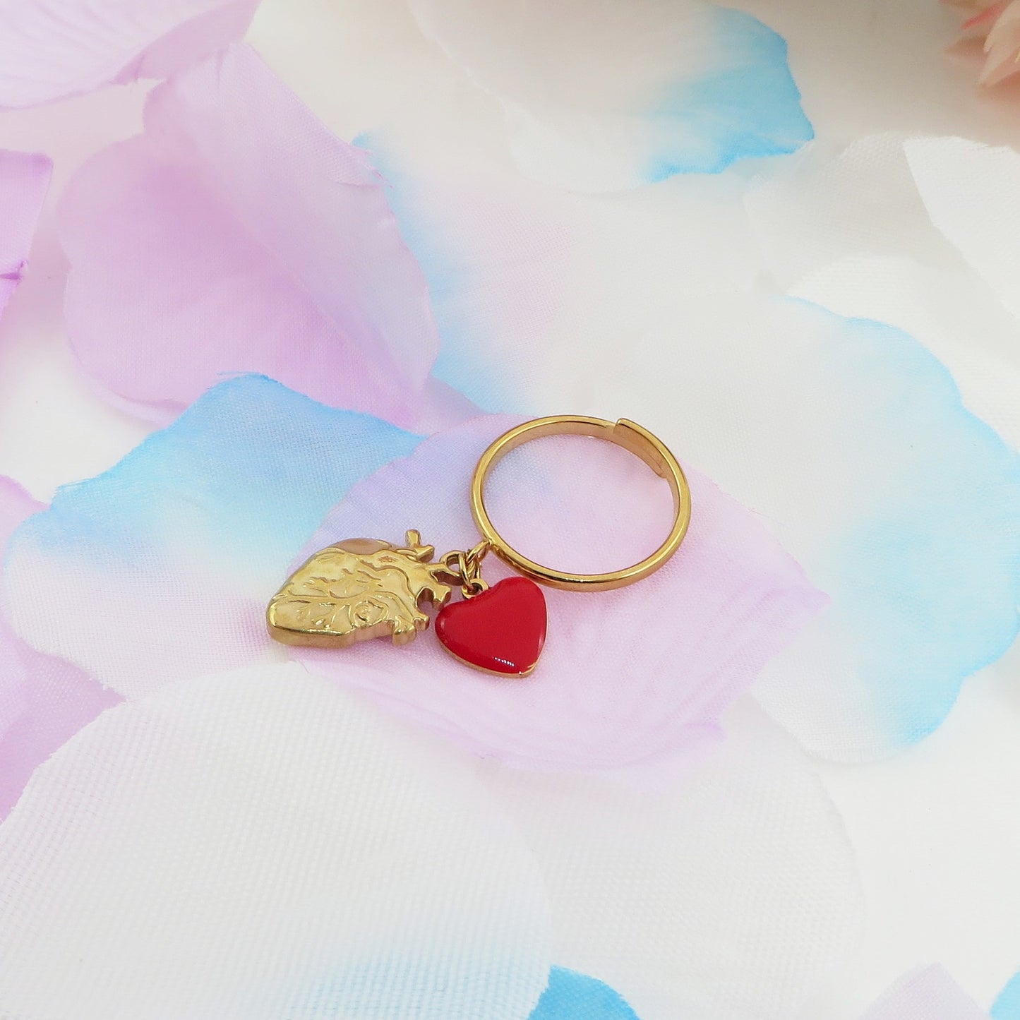 HUMAN HEART ~ Anello charms cuore anatomico rilievo in ACCIAIO INOSSIDABILE